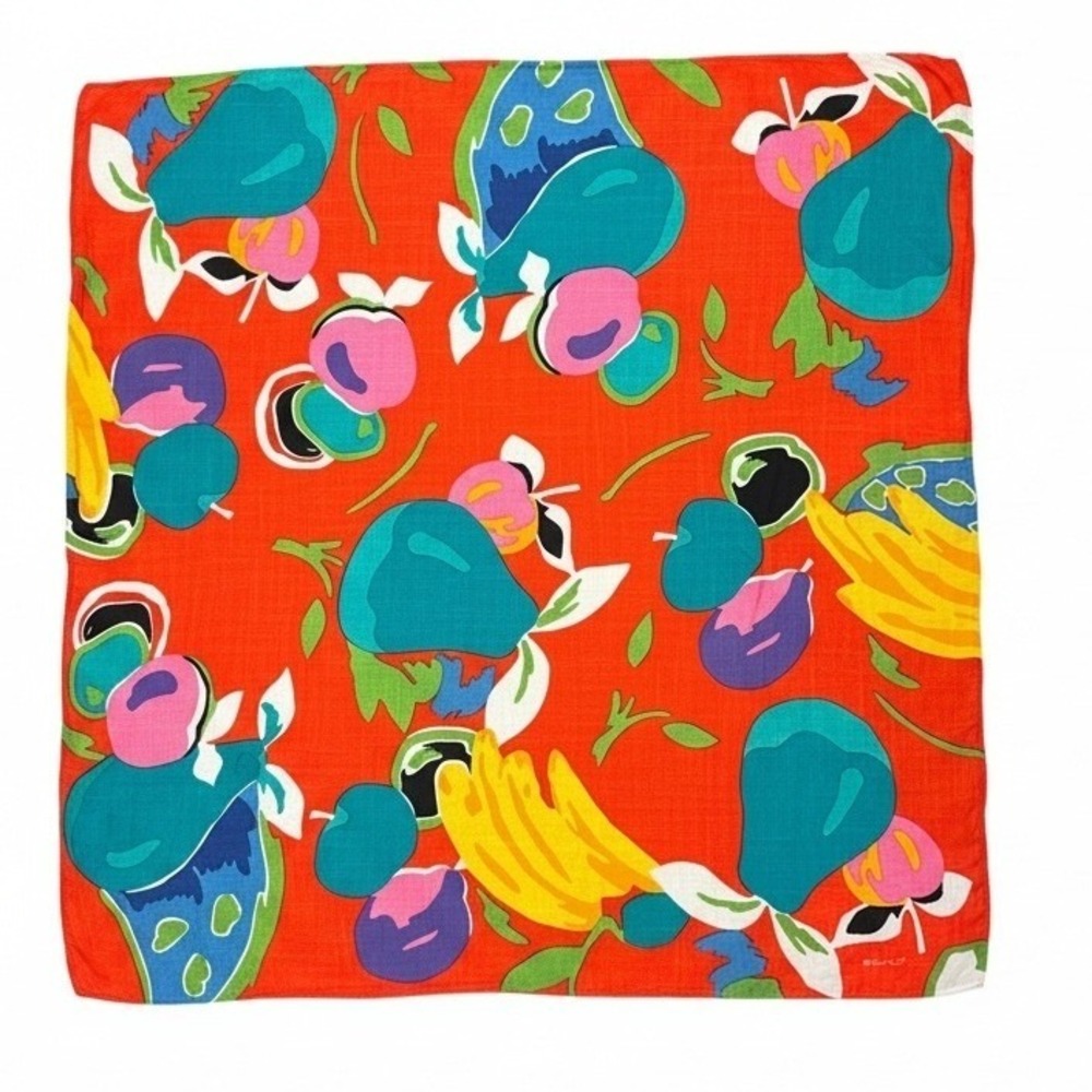 Echo Vintage Fruit Print Square Scarf Red Teal Yellow 100% Rayon